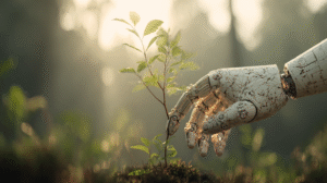 eco-sentinel robot's hand gently touching moss-covered earth